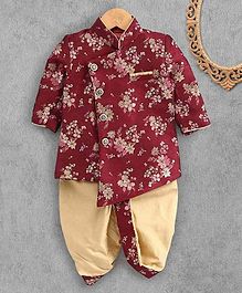 Ethnik's Neu Ron Full Sleeves Floral Kurta & Dhoti Set - Maroon Golden Ethnik's Neu Ron Full Sleeves Floral Kurta & Dhoti Set - Maroon Golden