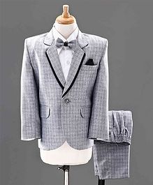 Rikidoos Full Sleeves 3 Piece Check Party Suit With Bow - Grey White Rikidoos Full Sleeves 3 Piece Check Party Suit With Bow - Grey White