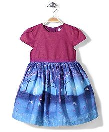 Pumpkin Patch Moonlight Border Print Frock - Blue And Dark Pink Pumpkin Patch Moonlight Border Print Frock - Blue And Dark Pink
