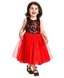 Jelly Jones Sleeveless Sequined Fit & Flared Netted Dress - Red Jelly Jones Sleeveless Sequined Fit & Flared Netted Dress - Red