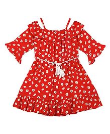 Budding Bees Half Sleeves Cold Shoulder Floral Printed Flared Dress - Red Budding Bees Half Sleeves Cold Shoulder Floral Printed Flared Dress - Red