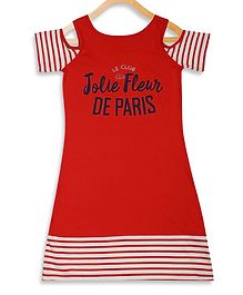 Elle Kids Striped Half Sleeves Cold Shoulder Dress - Red Elle Kids Striped Half Sleeves Cold Shoulder Dress - Red