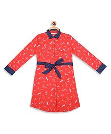 Elle Kids Full Sleeves All Over Ship Printed Dress - Red Elle Kids Full Sleeves All Over Ship Printed Dress - Red