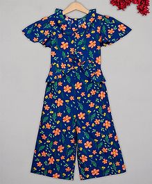 Budding Bees Short Sleeves Floral Print Jumpsuit - Navy Blue Budding Bees Short Sleeves Floral Print Jumpsuit - Navy Blue