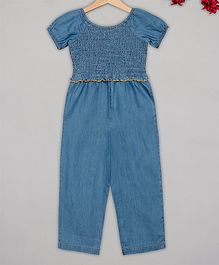 Budding Bees Half Sleeves Solid Smocking Jumpsuit - Blue Budding Bees Half Sleeves Solid Smocking Jumpsuit - Blue