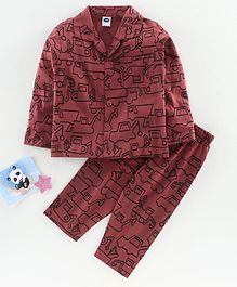 Teddy Full Sleeves Night Suit Vehicle Print - Maroon Teddy Full Sleeves Night Suit Vehicle Print - Maroon