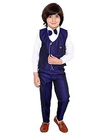 Fourfolds 3 Piece Suit Set Full Sleeves Solid Shirt With Waistcoat Trouser & Bow Tie Set - Blue Fourfolds 3 Piece Suit Set Full Sleeves Solid Shirt With Waistcoat Trouser & Bow Tie Set - Blue