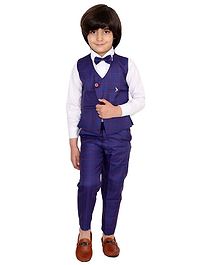 Fourfolds 3 Piece Suit Set Full Sleeves Checked Waistcoat With Shirt Trouser & Bow Tie - Navy Blue Fourfolds 3 Piece Suit Set Full Sleeves Checked Waistcoat With Shirt Trouser & Bow Tie - Navy Blue