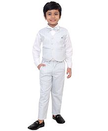 Fourfolds Full Sleeves Checked Attached Waistcoat With Shirt Trouser & Bow Tie Set - Grey Fourfolds Full Sleeves Checked Attached Waistcoat With Shirt Trouser & Bow Tie Set - Grey
