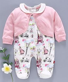 Brats and Dolls Full Sleeves Footed Romper With Attached Shrug Multiprint - Pink White Brats and Dolls Full Sleeves Footed Romper With Attached Shrug Multiprint - Pink White