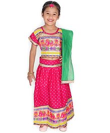 KID1 Half Sleeves Bandhani Print Choli With Elehpant Design Lace Detailing Lehenga & Dupatta - Pink KID1 Half Sleeves Bandhani Print Choli With Elehpant Design Lace Detailing Lehenga & Dupatta - Pink