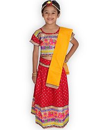 KID1 Half Sleeves Bandhani Print Choli With Elehpant Design Lace Detailing Lehenga & Dupatta - Red KID1 Half Sleeves Bandhani Print Choli With Elehpant Design Lace Detailing Lehenga & Dupatta - Red