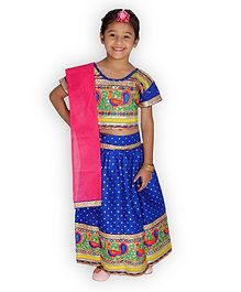 KID1 Half Sleeves Bandhani Print Choli With Elehpant Design Lace Detailing Lehenga & Dupatta - Blue KID1 Half Sleeves Bandhani Print Choli With Elehpant Design Lace Detailing Lehenga & Dupatta - Blue