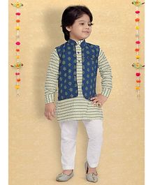 LIL PITAARA Full Sleeves Kurta With Flower Printed Jacket & Pyjama Set - Blue LIL PITAARA Full Sleeves Kurta With Flower Printed Jacket & Pyjama Set - Blue