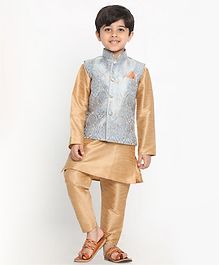 JBN Creation Full Sleeves Kurta With Pajama & Brocade Print Waistcoat - Blue JBN Creation Full Sleeves Kurta With Pajama & Brocade Print Waistcoat - Blue