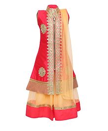 Aarika Sleeveless Embroidered Long Jacket & Lehenga & Dupatta Set - Pink Aarika Sleeveless Embroidered Long Jacket & Lehenga & Dupatta Set - Pink