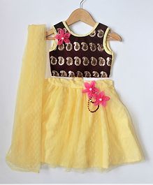Many frocks & Sleeveless Sequin Paisley Detailing Choli With Lehenga & Dupatta - Cream & Brown Many frocks & Sleeveless Sequin Paisley Detailing Choli With Lehenga & Dupatta - Cream & Brown