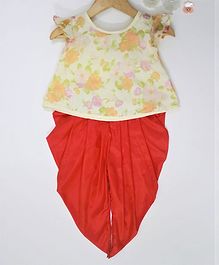 Many frocks & Cap Sleeves Floral Print Kurta & Dhoti Set - Cream & Red Many frocks & Cap Sleeves Floral Print Kurta & Dhoti Set - Cream & Red