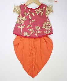 Many frocks & Cap Sleeves Flower Glitter Detailing Kurta & Dhoti Set - Pink & Orange Many frocks & Cap Sleeves Flower Glitter Detailing Kurta & Dhoti Set - Pink & Orange