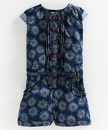 Kiddopanti Short Sleeves Denim Flower Printed Ruffle Placket Jumpsuit - Denim Blue Kiddopanti Short Sleeves Denim Flower Printed Ruffle Placket Jumpsuit - Denim Blue
