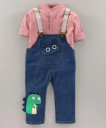 Kookie Kids Full Sleeves Shirt with Dungaree - Pink Blue Kookie Kids Full Sleeves Shirt with Dungaree - Pink Blue