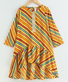 Kiddopanti Stripe Design Printed Lace Yoke Frill Layer Hem Kurta - Yellow Kiddopanti Stripe Design Printed Lace Yoke Frill Layer Hem Kurta - Yellow