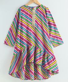 Kiddopanti Stripe Design Printed Lace Yoke Frill Layer Hem Kurta - Pink Kiddopanti Stripe Design Printed Lace Yoke Frill Layer Hem Kurta - Pink