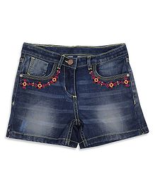 Blue Giraffe Flower Embroidered Shorts - Blue Blue Giraffe Flower Embroidered Shorts - Blue
