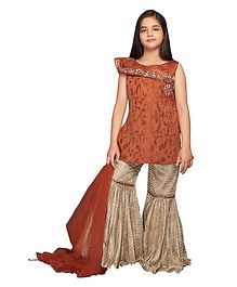 Betty By Tiny Kingdom Sleeveless Flower Embroidery Work With Pearl Kurta With Sharara & Dupatta Set - Fawn Betty By Tiny Kingdom Sleeveless Flower Embroidery Work With Pearl Kurta With Sharara & Dupatta Set - Fawn