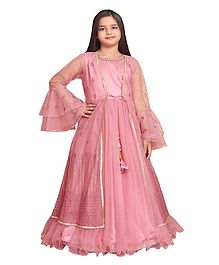 Betty By Tiny Kingdom Full Sleeves Flower Embroidery Work With Pearl Detailed Neckline Ethnic Gown - Pink Betty By Tiny Kingdom Full Sleeves Flower Embroidery Work With Pearl Detailed Neckline Ethnic Gown - Pink