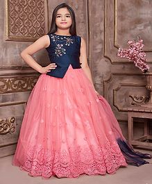 Betty By Tiny Kingdom Sleeveless Flower Embroidery Work Choli With Flared Netted Lehenga & Dupatta Set - Blue & Peach Betty By Tiny Kingdom Sleeveless Flower Embroidery Work Choli With Flared Netted Lehenga & Dupatta Set - Blue & Peach