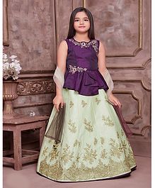 Betty By Tiny Kingdom Sleeveless Zari Work Peplum Choli With Lehenga & Dupatta Set - Green & Purple Betty By Tiny Kingdom Sleeveless Zari Work Peplum Choli With Lehenga & Dupatta Set - Green & Purple