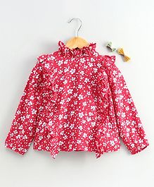 Hugsntugs Floral Print Full Sleeves Frill Detailing Top - Red Hugsntugs Floral Print Full Sleeves Frill Detailing Top - Red