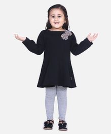 Aww Hunnie Full Sleeves Flower Decorated Dress With Leggings - Black Aww Hunnie Full Sleeves Flower Decorated Dress With Leggings - Black