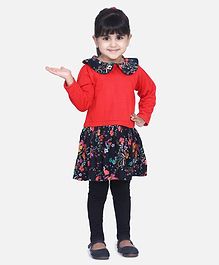 Aww Hunnie Full Sleeves Flower Print Dress With Leggings - Red Aww Hunnie Full Sleeves Flower Print Dress With Leggings - Red