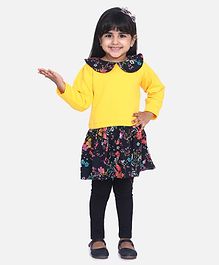 Aww Hunnie Full Sleeves Flower Print Dress With Leggings - Yellow Aww Hunnie Full Sleeves Flower Print Dress With Leggings - Yellow