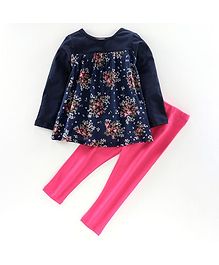 CrayonFlakes Full Sleeves Floral Print Top & Leggings Set - Navy Blue CrayonFlakes Full Sleeves Floral Print Top & Leggings Set - Navy Blue