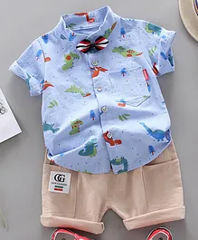 Kookie Kids Half Sleeves Shirt & Shorts Animal Print - Blue Beige Kookie Kids Half Sleeves Shirt & Shorts Animal Print - Blue Beige