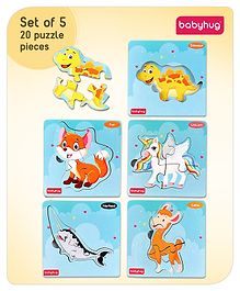 Babyhug 5 in 1 Premium Wooden Jigsaw Fictional Animals 20 pcs puzzle - Set of 5| Educational Toy for Cognitive Development| Montessori Learning Toy| BIS Certified| 2 Years+