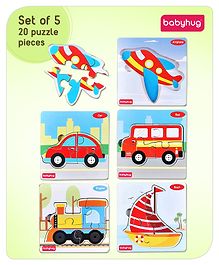 Babyhug 5 in 1 Premium Wooden Jigsaw Transport Vehicles 20 pcs puzzle - Set of 5| Educational Toy for Cognitive Development| Montessori Learning Toy| BIS Certified| 2 Years+