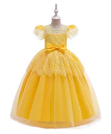 Kookie Kids Party Wear Cap Sleeves Lace Gown Bow Applique - Yellow Kookie Kids Party Wear Cap Sleeves Lace Gown Bow Applique - Yellow