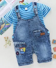 Little Folks Denim Dungaree with Half Sleeves Striped Tee - Blue Little Folks Denim Dungaree with Half Sleeves Striped Tee - Blue