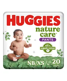 Huggies Nature Care Pants, New Born/Extra Small Size (Upto 5 kgs) Premium Baby Diaper Pants, 20 Count, Made with 100% Organic Cotton