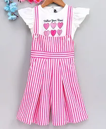 Enfance Heart Printed Flared Cap Sleeves Tees with Stripe Dungaree Dress - Pink Enfance Heart Printed Flared Cap Sleeves Tees with Stripe Dungaree Dress - Pink