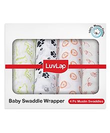 LuvLap 100% Cotton Muslin Baby Swaddle Set, 4pcs, Animals & Floral Print, 0-18M, Multicolour