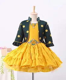 Enfance Flower Embellished Dress With Full Sleeves Embroidered Shrug - Yellow Enfance Flower Embellished Dress With Full Sleeves Embroidered Shrug - Yellow