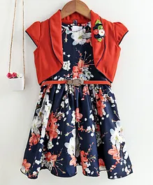 Enfance Floral Print Dress With Short Sleeves Shrug - Orange Enfance Floral Print Dress With Short Sleeves Shrug - Orange