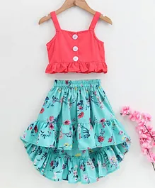 M'andy Sleeveless Top With Floral Print High Low Skirt - Blue & Pink M'andy Sleeveless Top With Floral Print High Low Skirt - Blue & Pink