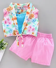 M'andy Sleeveless Floral Print Knotted Shrug With Inner & Shorts - Green & Pink M'andy Sleeveless Floral Print Knotted Shrug With Inner & Shorts - Green & Pink