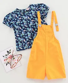 M'andy Bird Print Short Sleeves Top With Dungaree - Blue M'andy Bird Print Short Sleeves Top With Dungaree - Blue